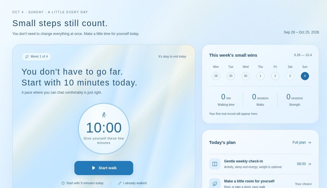 MoveLight Today with a ten-minute walking timer, Start walk button, daily plan, and weekly progress.